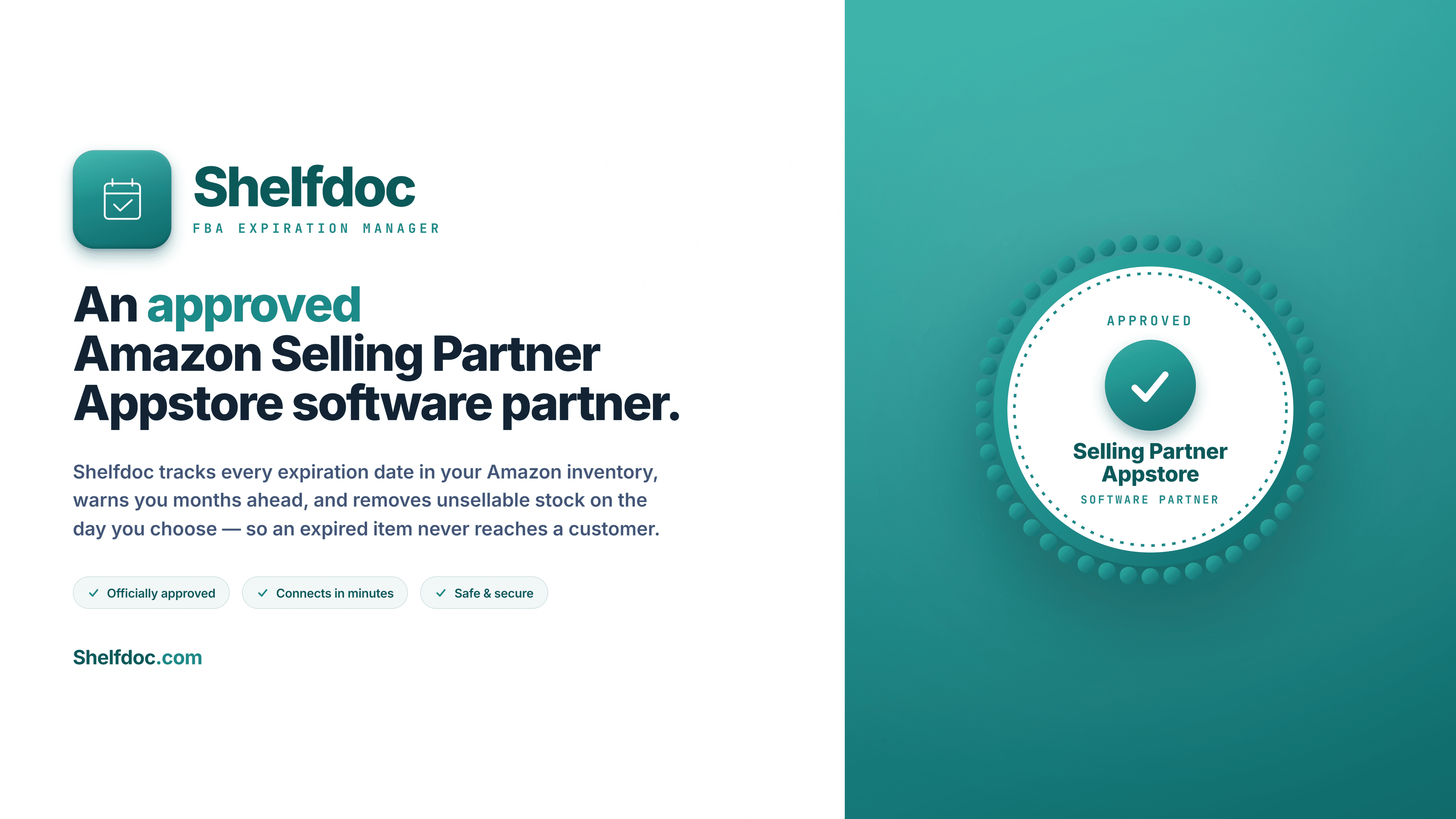 Shelfdoc — an approved Amazon Selling Partner Appstore software partner. Shelfdoc tracks every expiration date in your Amazon inventory, warns you months ahead, and removes unsellable stock on the day you choose.